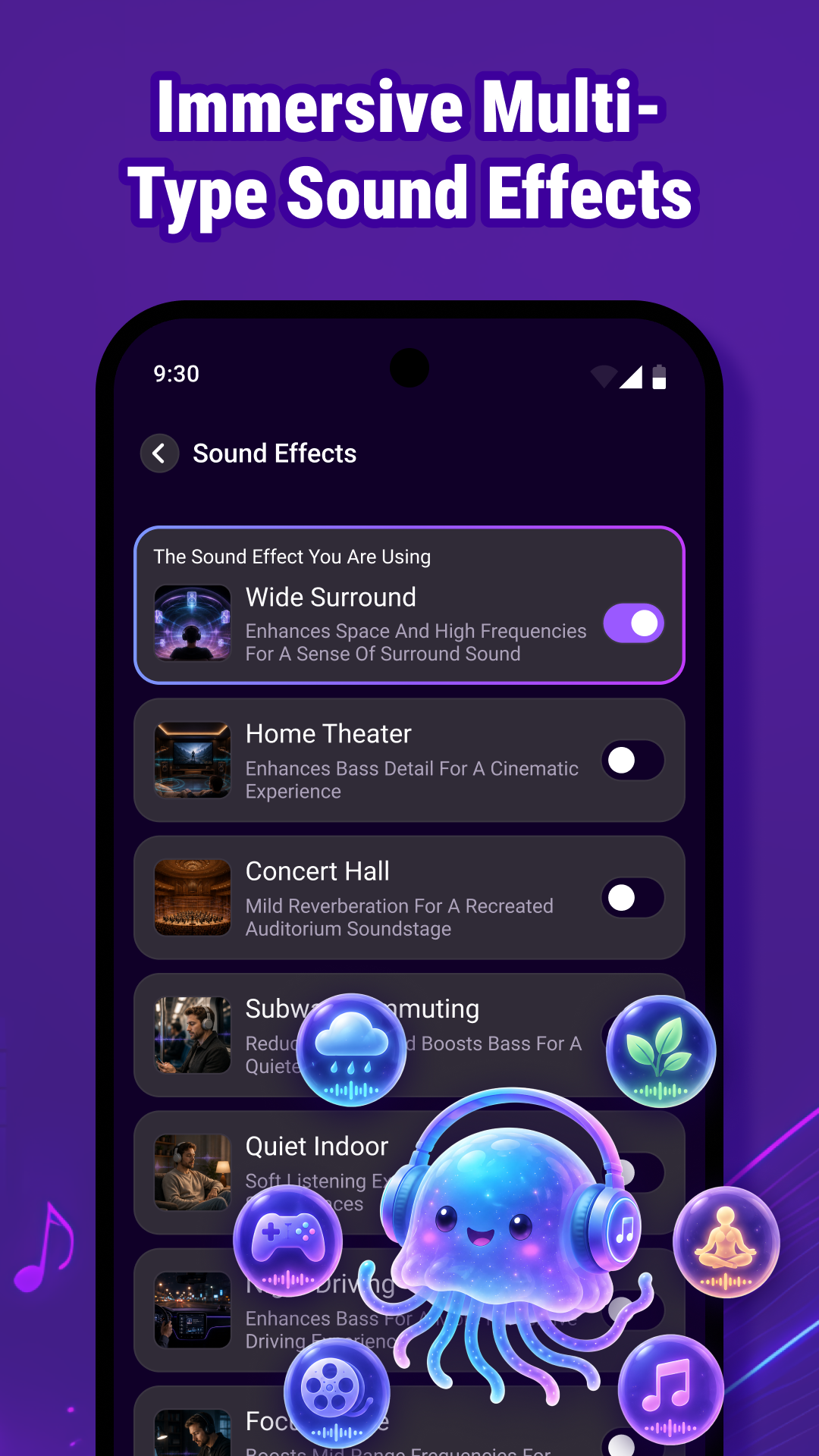 Boom Music sound effects screen showing immersive listening modes